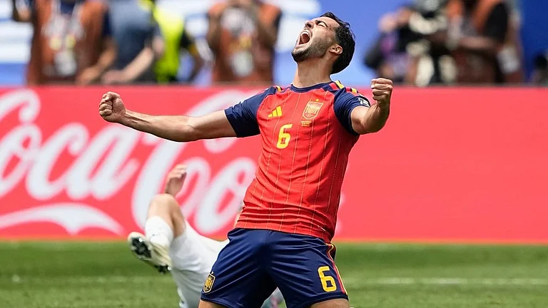 Spain's Mikel Merino (6) celebrates after their win in the World Cup quarterfinal soccer match between Spain and Belgium in Inglewood, Calif., near Los Angeles - Lindsey Wasson/AP Photo
