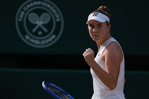 Linda Noskova of the Czech Republic celebrates a point against Marta Kostyuk of Ukraine in their semifinal women's singles match at the Wimbledon Tennis Championships in London.