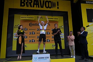 | Photo: AP/Thibault Camus : Slovenia's Tadej Pogacar celebrates on the podium after winning the sixth stage of the Tour de France cycling race with start in Pau and finish in Gavarnie-Gedre, France.
