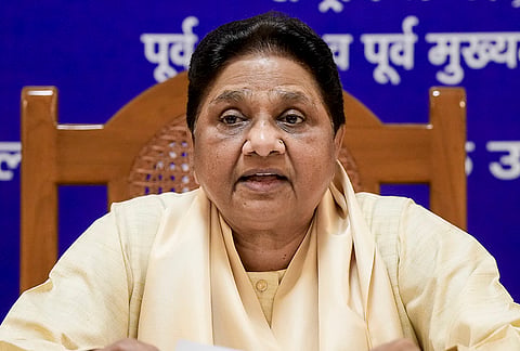 Bahujan Samaj Party (BSP) president Mayawati during a media briefing at her residence, in Lucknow.