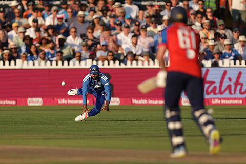 India's Shreyas Iyer drops the catch of England's Phil Salt during the fourth Vitality IT20 match at the Seat Unique Stadium in Bristol, England.