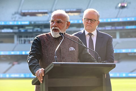 Indian Prime Minister Narendra Modi, left, and Australian Prime Minister Anthony Albanese hold a press conference on the field at the Melbourne Cricket Ground in Melbourne, Australia.