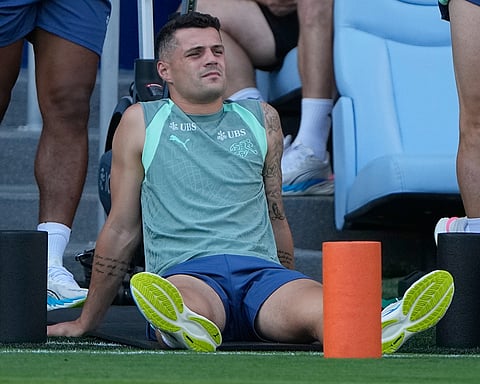 Switzerland's Granit Xhaka trains for the World Cup soccer tournament Thursday, July 9, 2026, in Kansas City, Kansas.