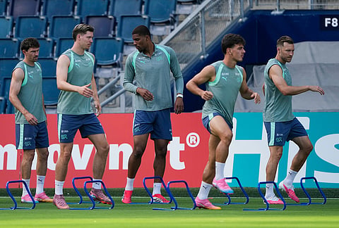 Switzerland players train for the World Cup soccer tournament Thursday, July 9, 2026, in Kansas City, Kansas.
