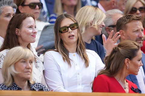 Former tennis player Maria Sharapova sits in the royal box during the women's singles final at Wimbledon Tennis Championships