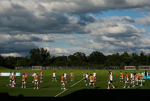 Players for Argentina train for the World Cup soccer tournament Thursday, July 10, 2025, in Kansas City, Kansas.
