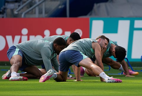Switzerland players train for the World Cup soccer tournament Thursday, July 9, 2026, in Kansas City, Kansas.