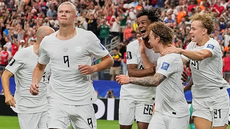 Norway's Erling Haaland (9) celebrates after scoring his side's second goal during the World Cup round of 32 soccer match between Ivory Coast and Norway in Arlington, Texas, near Dallas, Tuesday, June 30, 2026. - | Photo: AP/Tony Gutierrez