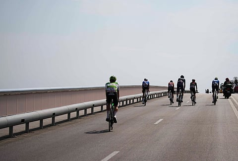 The pack rides during the seventh stage of the Tour de France cycling race over 175.1 kilometers (108.7 miles) with start in Hagetmau and finish in Bordeaux, France, Friday, July 10, 2026. 