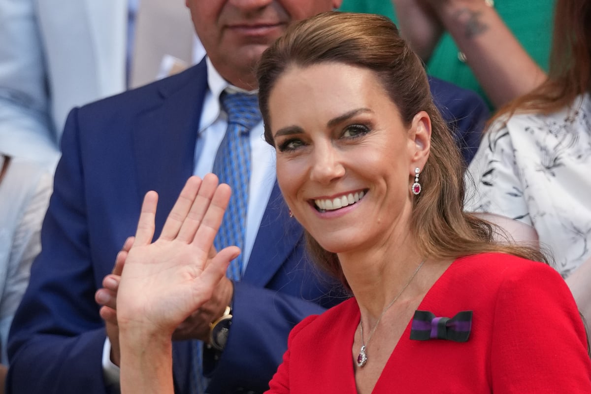 Kate, Princess of Wales waves from the Royal Box on day 13 of the Wimbledon Tennis Championships in London, Saturday, July 11, 2026.