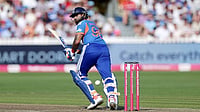 Photo: Steven Paston/PA via AP : India's Shreyas Iyer bats during the fourth Vitality IT20 match against England at the Seat Unique Stadium in Bristol, England.