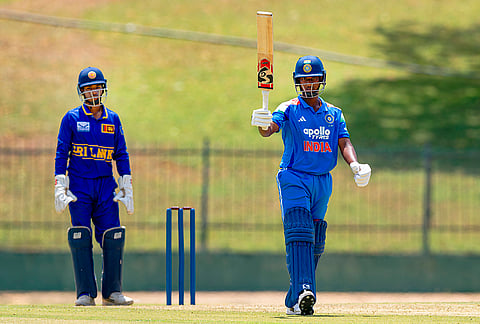India’s VK Vineeth during the 3rd unofficial ODI cricket match between India Under-19 and Sri Lanka Under-19 in Hambantota, Sri Lanka. 