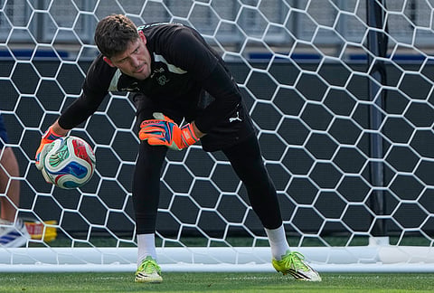 Switzerland goalkeeper Gregor Kobel trains for the World Cup soccer tournament Thursday, July 9, 2026, in Kansas City, Kansas.