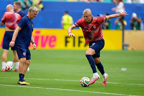 Norway's Erling Haaland kicks a ball during warmup before the World Cup quarterfinal soccer match between Norway and England in Miami Gardens, Fla., Saturday, July 11, 2026. 