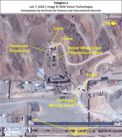 A Vantor image provided to the Institute by CNN showing the installation of a rebar mesh above the penetration hole, which will be used to establish a permanent concrete top. 