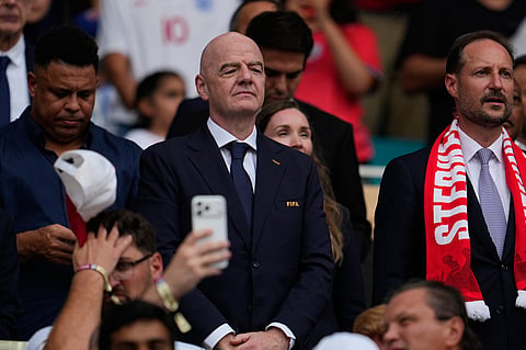 FIFA President Gianni Infantino attends the World Cup quarterfinal soccer match between Norway and England in Miami Gardens, Fla., Saturday, July 11, 2026. 