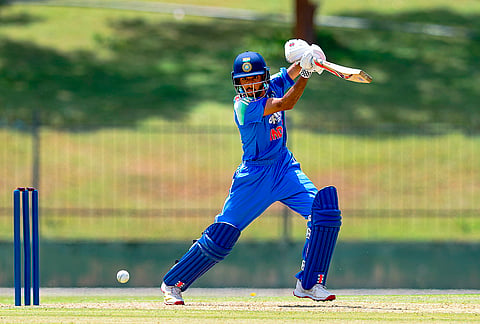 India’s Lakshya Raichandani plays a shot during the 3rd unofficial ODI cricket match between India Under-19 and Sri Lanka Under-19 in Hambantota, Sri Lanka. 