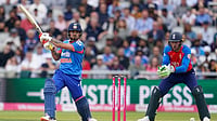 Photo: AP/Dave Thompson : India's Ishan Kishan plays a shot during the second T20 cricket match between England and India in Manchester, England.