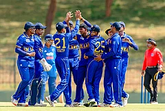Sri Lanka's Sethmika Seneviratne with teammates celebrates after a wicket during the 3rd unofficial ODI cricket match between India Under-19 and Sri Lanka Under-19 in Hambantota, Sri Lanka. - | Photo: SLC via PTI