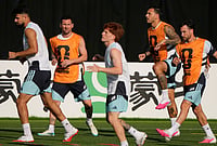 | Photo: AP/Charlie Riedel : Argentina's Lionel Messi, second from left, trains with teammates for the World Cup soccer tournament Friday, July 10, 2026, in Kansas City, Kansas.