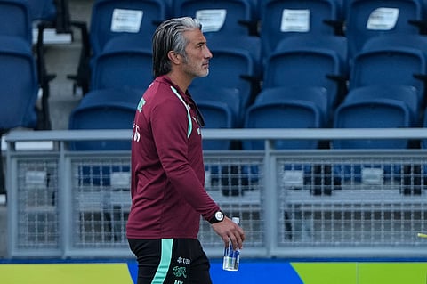 Switzerland head coach Murat Yakin watches training for the World Cup soccer tournament Thursday, July 9, 2026, in Kansas City, Kansas.