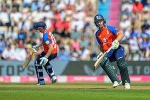 AP/Anthony Upton : England's Harry Brook, left, and Jos Buttler during the international T20 Cricket match between England and India in Southampton
