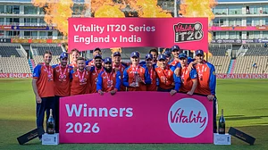 (AP Photo/Anthony Upton) : England T20 team celebrate after winning the Championship after the international T20 Cricket match between England and India In Southampton, England, Saturday, July 11, 2026