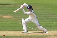 | Photo: Nigel French/PA via AP : India's Smriti Mandhana  during day one of the first Women's Rothesay Test between India and England at Lord's Cricket Ground in London, Friday, July 10, 2026. 