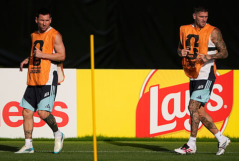 Argentina's Lionel Messi, left, and Rodrigo de Paul train for the World Cup soccer tournament Friday, July 10, 2026, in Kansas City, Kansas.