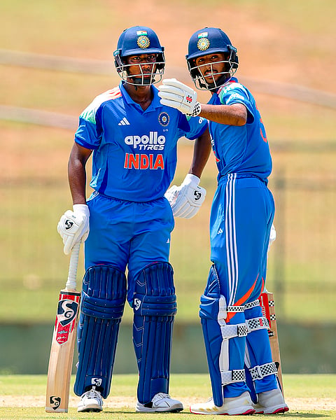 India’s VK Vineeth, left, and Lakshya Raichandani during the 3rd unofficial ODI cricket match between India Under-19 and Sri Lanka Under-19 in Hambantota, Sri Lanka. 
