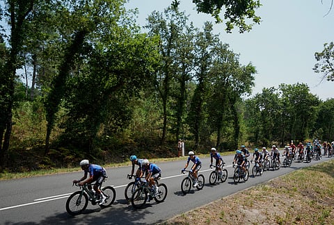 The pack rides during the seventh stage of the Tour de France cycling race over 175.1 kilometers (108.7 miles) with start in Hagetmau and finish in Bordeaux, France, Friday, July 10, 2026. 