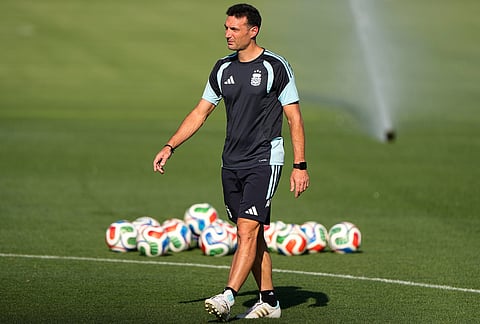 Argentina head coach Lionel Scaloni watches training for the World Cup soccer tournament Friday, July 10, 2026, in Kansas City, Kansas.