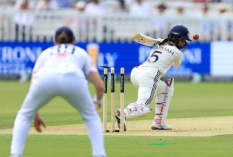 India's Jemimah Rodrigues is bowled by England's Issy Wong, not pictured, during day one of the first Women's Rothesay Test between India and England at Lord's Cricket Ground in London, Friday, July 10, 2026.