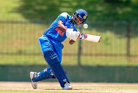 India’s VK Vineeth plays a shot during the 3rd unofficial ODI cricket match between India Under-19 and Sri Lanka Under-19 in Hambantota, Sri Lanka. 