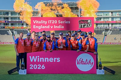 | Photo: AP/Anthony Upton : England T20 team celebrate after winning the Championship after the international T20 Cricket match between England and India In Southampton, England.
