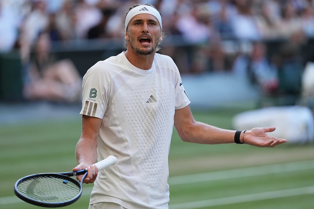 Alexander Zverev of Germany speaks to his box after losing a point against Jannik Sinner of Italy in the mens singles final at Wimbledon Tennis Championships in London