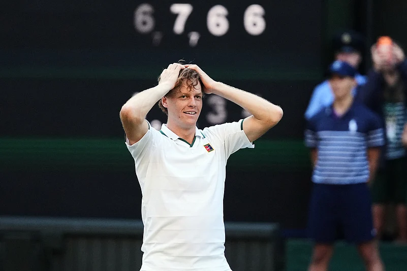 Jannik Sinner of Italy reacts after winning against Alexander Zverev of Germany in the mens singles final at Wimbledon Tennis Championships in London