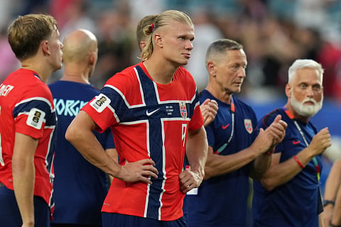 Norway's Erling Haaland reacts after the World Cup quarterfinal soccer match against England in Miami Gardens, Fla., Saturday, July 11, 2026.
