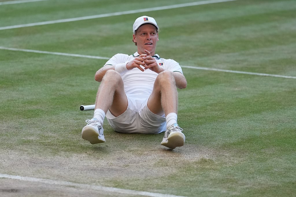 Jannik Sinner of Italy celebrates winning against Alexander Zverev of Germany in the mens singles final at Wimbledon Tennis Championships in London