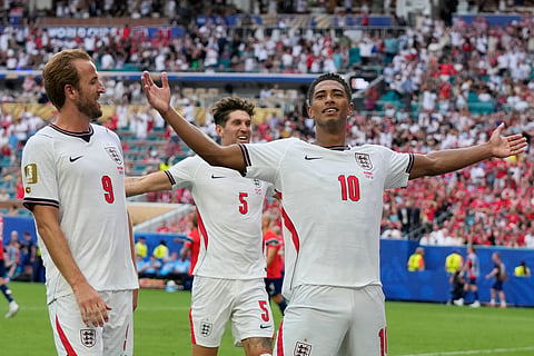 England's Jude Bellingham, right, celebrates next to Harry Kane after scoring his side's second goal against Norway during the World Cup quarterfinal soccer match in Miami Gardens, Fla., Saturday, July 11, 2026.