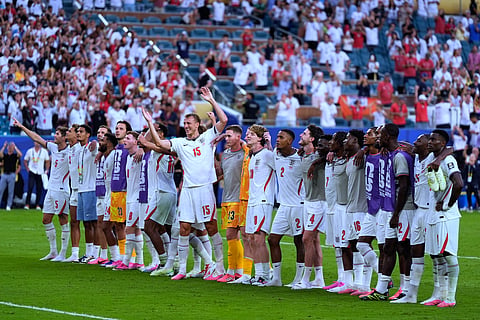 England players celebrate et the end of the World Cup quarterfinal soccer match between Norway and England in Miami Gardens, Fla., Saturday, July 11, 2026.