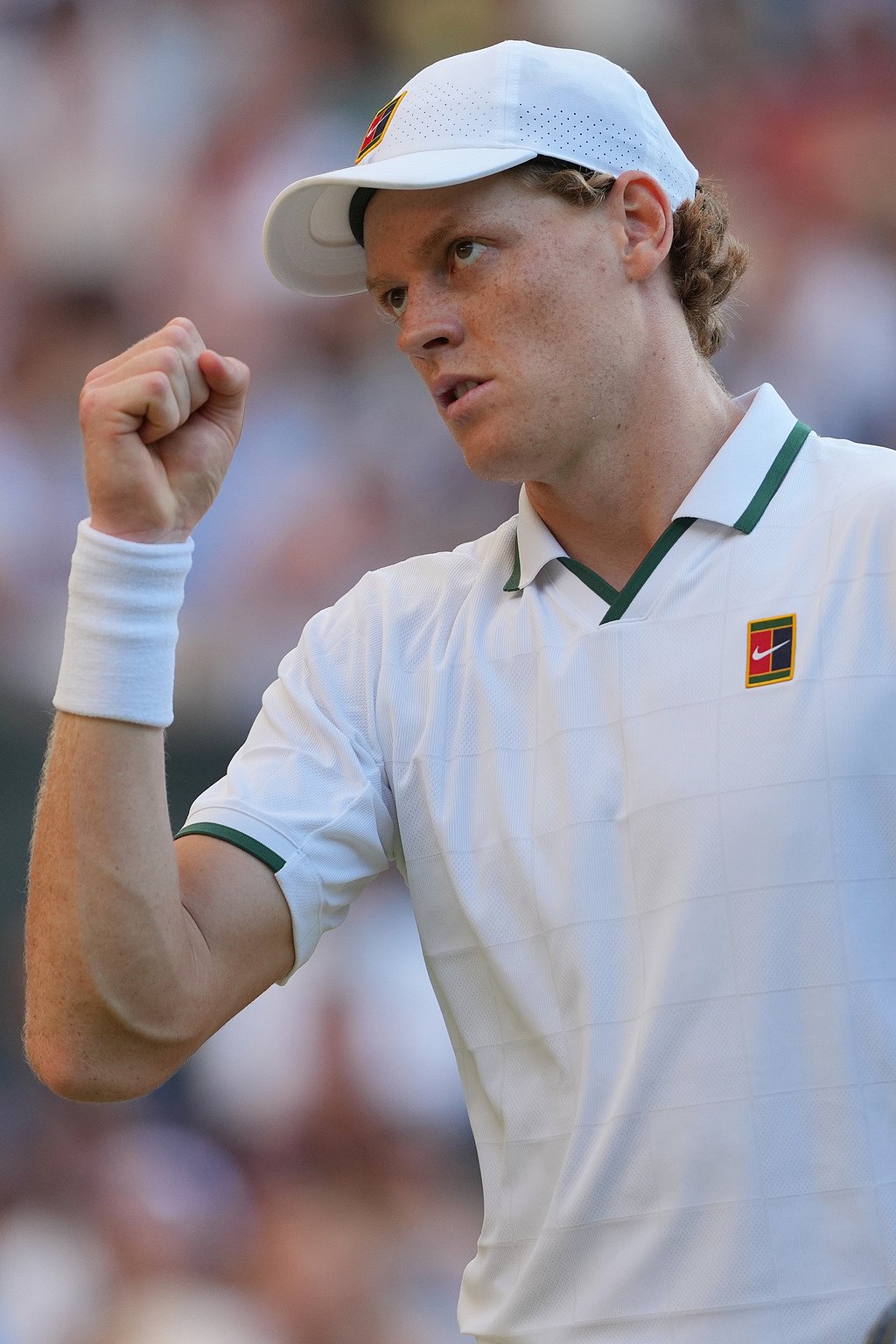 Jannik Sinner of Italy celebrates after winning a point against Alexander Zverev of Germany mens singles final at Wimbledon Tennis Championships in London