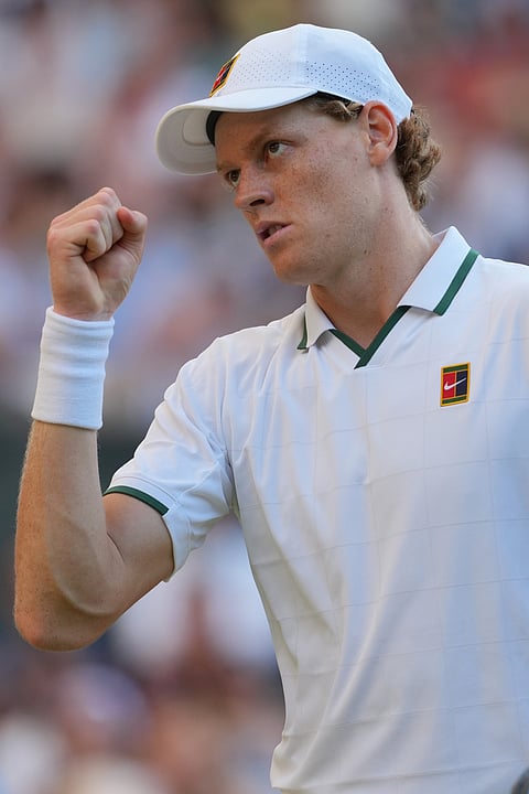 Jannik Sinner of Italy celebrates after winning a point against Alexander Zverev of Germany men's singles final at Wimbledon Tennis Championships in London