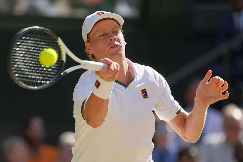 Jannik Sinner of Italy plays a return to Alexander Zverev of Germany during the mens singles final at Wimbledon Tennis Championships in London