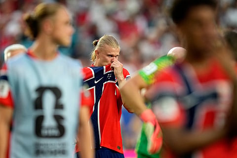 Norway's Erling Haaland reacts at the end of the World Cup quarterfinal soccer match between Norway and England in Miami Gardens, Fla., Saturday, July 11, 2026.