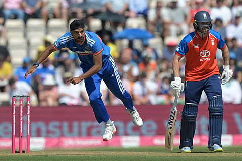 India's Arshdeep Singh bowls during the T20 international cricket match between England and India in Southampton, England.