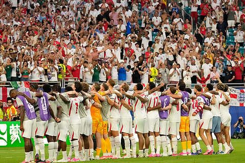England players greet fans after the World Cup quarterfinal soccer match between Norway and England in Miami Gardens, Fla., Saturday, July 11, 2026.