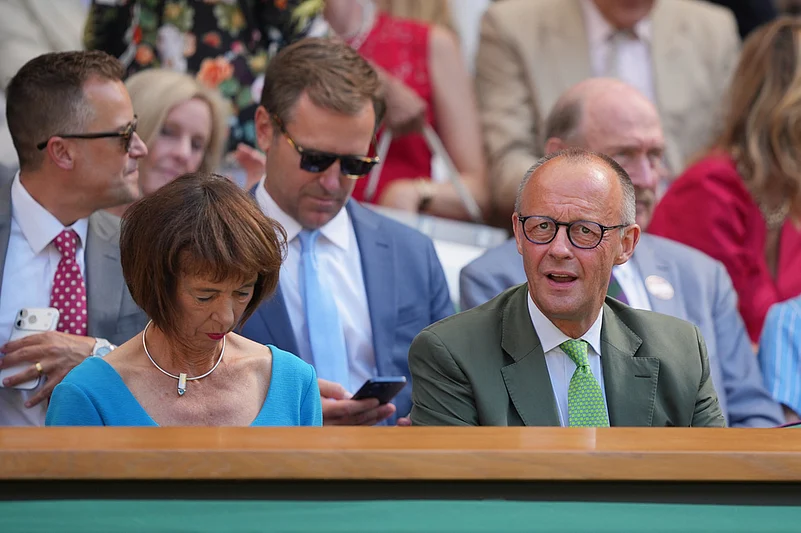 German Chancellor Friedrich Merz and his wife Charlotte Merz in the Royal Box to watch the mens singles final between Jannik Sinner of Italy and Alexander Zverev of Germany,