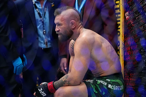 AP/John Locher : Conor McGregor reacts after losing to Max Holloway in a welterweight fight at the UFC 329 mixed martial arts event Saturday