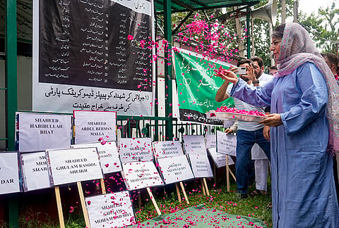 People’s Democratic Party (PDP) leader Mehbooba Mufti pays tributes to those who laid down their lives protesting against the rule of Dogra Maharaja Hari Singh in 1931, during the Martyrs' Day, at party headquarters, in Srinagar, Jammu and Kashmir.